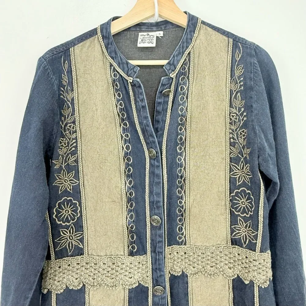 Parsley & Sage Blue Tan Cotton Denim Embroidered Lightweight Boho Jacket